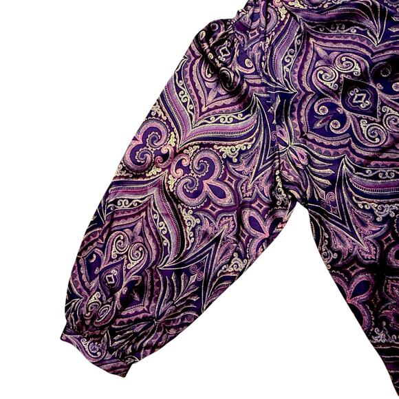 Chico’s Womens Plus Long Sleeve Pleat Scroll Satin Blouse Purple Lotus Petal XXL - Picture 13 of 15